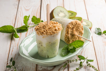 kiwi cheesecake with mint leaf