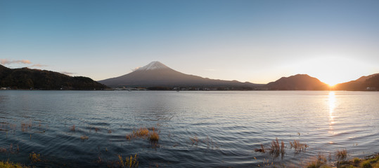 Panoramic view of Fuji mountain at Kawaguchiko lake sunset. Mt. Fujisan is one of the landmark and symbol of Japan.