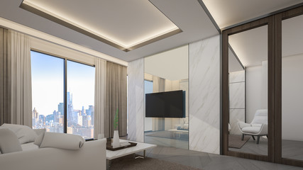 Living room in penthouses at high rise residential with cityscape , 3d rendering