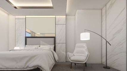 Interior design of master bedroom in hotel with marble tiles wall , 3d rendering