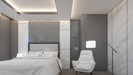 Naklejka na ściany i meble White king bed and armchair are placed in suite room at hotel , 3d rendering