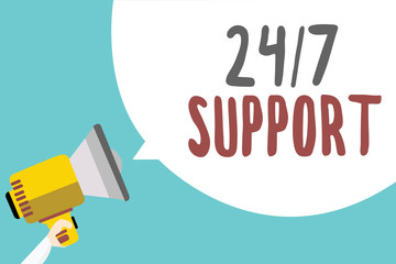Conceptual hand writing showing 24 7 Support. Business photo showcasing Giving assistance to service whole day and night No downtime Man holding megaphone speech bubble message blue background