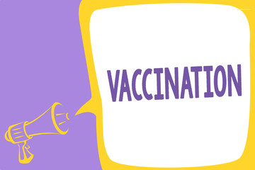 Word writing text Vaccination. Business concept for Treatment which makes the body stronger against infection Megaphone loudspeaker speech bubble important message speaking out loud