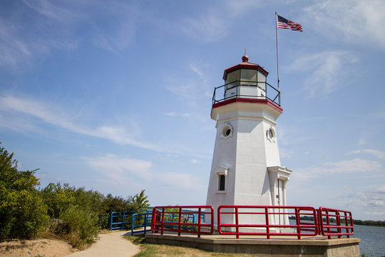 Michigan Lighthouse. Lighthouse on the Lake Huron coast on the downtown waterfront beach of Cheboygan, Michigan.