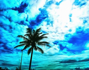 Fototapeta na wymiar Oil painting. Art print for wall decor. Acrylic artwork. Big size poster. Watercolor drawing. Modern style fine art. Painting for sale. Tropical exotic resort. Beautiful azure sky. Nice palm paradise.