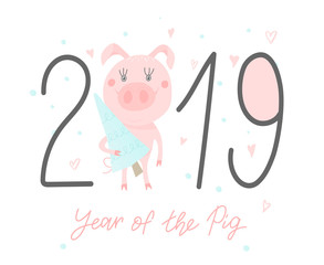 Postcard with cute funny pig - symbol of the year in the Chinese calendar 2019. Piggy cartoon character. Vector illustration