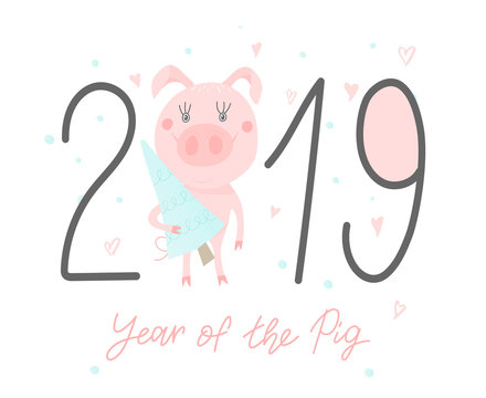 Postcard with cute funny pig - symbol of the year in the Chinese calendar 2019. Piggy cartoon character. Vector illustration