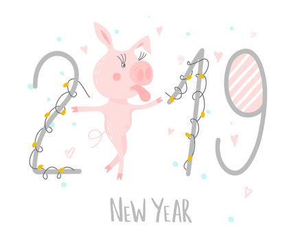 Postcard with cute funny pig - symbol of the year in the Chinese calendar 2019. Piggy cartoon character. Vector illustration.