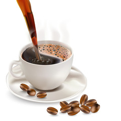 Coffee cup and coffee cup Coffee beans on the side On white backdrop