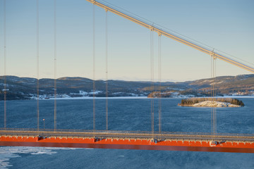 View at Hoga kusten bridge in winter in Sweden.
