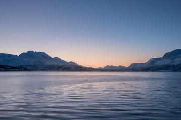 Landscape of Norway in winter. Polar night in Norway.