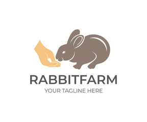 Rabbit eats food with hand person's, logo design. Rabbit farm, agriculture, farming and agricultural, vector design. Nature and wildlife, illustration