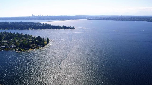 Helicopter View Flying Over Lake Washington