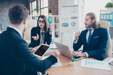 Three business people, community, elegant classic managers weari