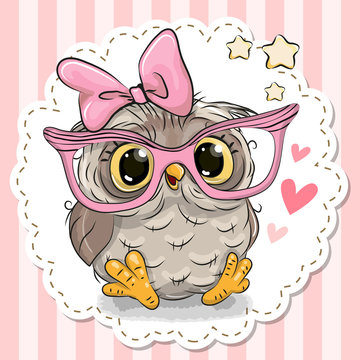 Cute owl in pink eyeglasses