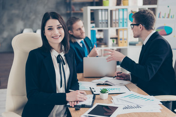 Three business sharks, elegant classic nice lovely lady boss wit