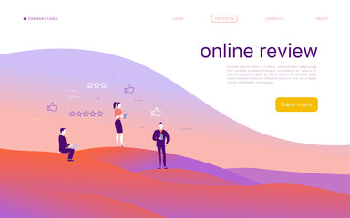 Obraz na płótnie Canvas Vector web page concept design with online review theme. Office people stand with gadgets - laptop, tablet, smartphone - give stars rating. Thumb up, stars line icons. Landing page, mobile app, site.