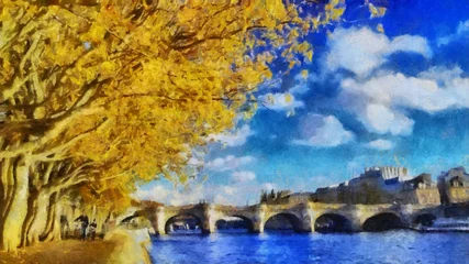Ölgemälde. Kunstdruck für Wanddekoration. Kunstwerke aus Acryl. Poster im Großformat. Aquarellzeichnung. Schöne Kunst im modernen Stil. Impressionismus. Impressionistische Kunst. Gemälde zu verkaufen. Herbst. Gelber Baum. Stadtbild © Pavel