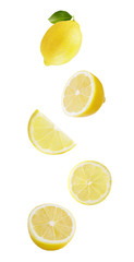 Flying lemon fruits isolated on white background