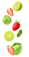 Flying lime and strawberry isolated on white background