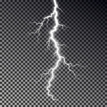 Lightning bolt isolated on dark checkered background. Transparent thunderbolt flah effect. Realistic