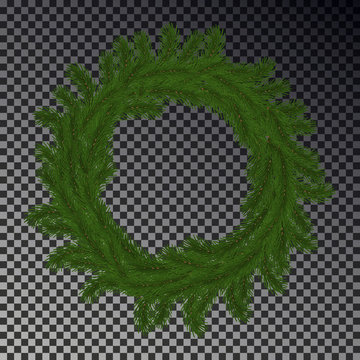 Green Christmas wreath vector isolated on checkered background. Xmas round garland decoration effect