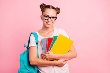 Ready to school Portrait of lovely and sweet girl hold colored 