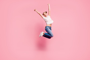 Full legs, body, size portrait of young girl close eyes in joy, 
