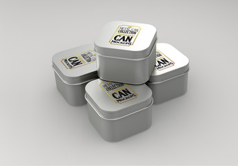 Four Small Square Tin Cans Mockup
