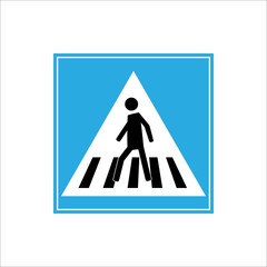 Crosswalk sign black in blue square. Icon a pedestrian place for child near school. Symbol safety traffic human on road. Label for banner about crossing way. Design element. Vector illustration.