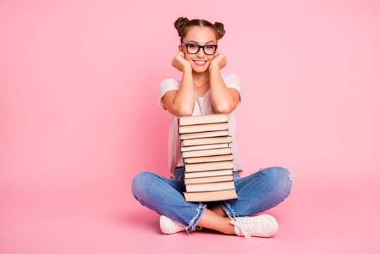 Full legs, body, size portrait of school reader girl in denim we