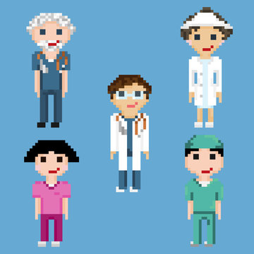 Pixel art characters of doctors and nurses