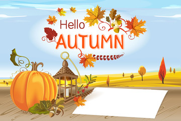 Vector illustration of an autumn with a pumpkin and a lantern, fallen leaves, acorns against the background of an autumn landscape with trees and falling leaves.