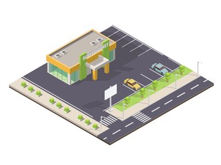 Isometric market mall place with parking low poly 3d