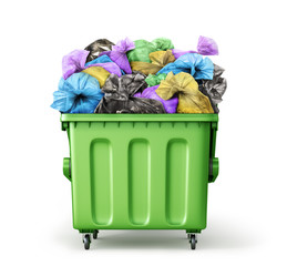 Trash container full of garbage bags isolated on a white background