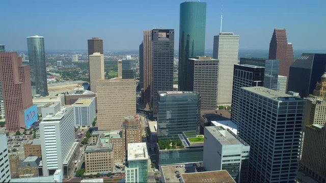 Aerial drone approach Houston Texas skyscrapers
