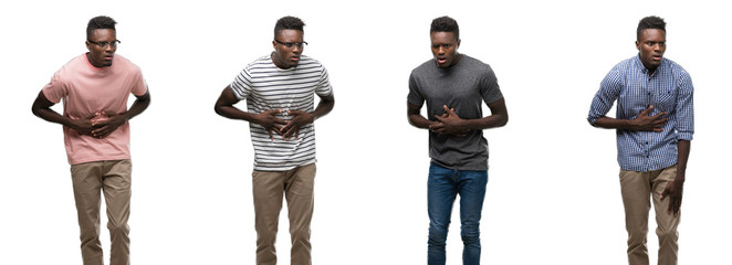Collage of african american man wearing different outfits with hand on stomach because indigestion, painful illness feeling unwell. Ache concept.