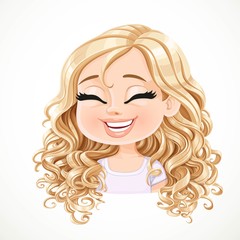 Beautiful happy cartoon blond girl with magnificent curly hair portrait isolated on white background