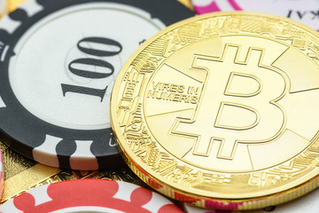 Crypto currency, blockchain / digital money concept : Gold coin, Bitcoin on casino tokens or chips,...