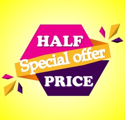 Half price sale - text in pink and Purple drawn label