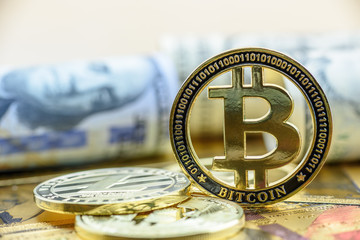 Crypto currency, blockchain / digital money concept : Gold coin, Bitcoin on US USD dollar notes,...
