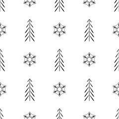 Christmas tree and snowflake seamless pattern. Fashion graphic background design. Modern stylish abstract texture. Monochrome template for prints, textiles, wrapping, wallpaper. Vector illustration.