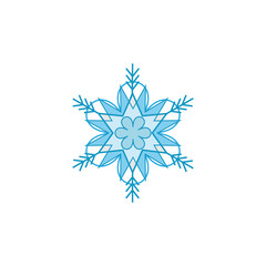 Snowflake blue sign. Silhouette design snowflake on white background. Symbol of Christmas holiday season. Colorful template for prints, card. Isolated graphic element. Flat vector illustration.