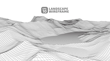 Abstract wireframe background. 3D grid technology illustration landscape. Digital Cyberspace in the Mountains with valleys. EPS10 Vector.