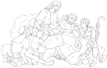 Fototapeta na wymiar Jesus preaching to a group of people. Coloring page