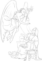 The Annunciation. Angel Gabriel announcement to Mary of the incarnation of Jesus. Coloring page