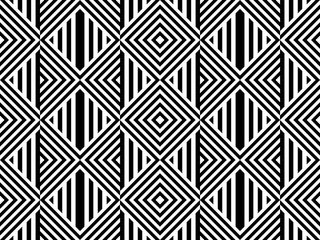 Seamless pattern with striped black white straight lines and diagonal inclined lines (zigzag, chevron). Optical illusion effect, op art. Background for cloth, fabric, textile, tartan.