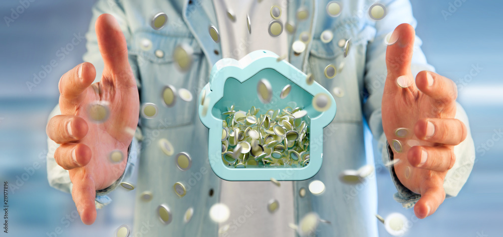 Poster man holding a house moneybox with coin surrounding all over 3d rendering
