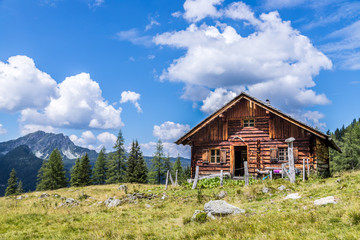 Almhütte in den Bergen: Bäume, grüne Wiese und blauer Himmel