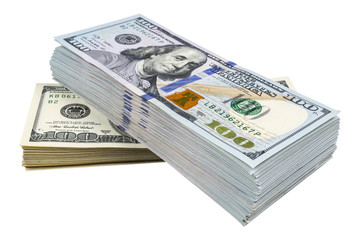 Stack of one hundred dollar bills isolated on white background. Stack of cash money in hundred dollar banknotes. Heap of hundred dollar bills background. Concept of financial success.